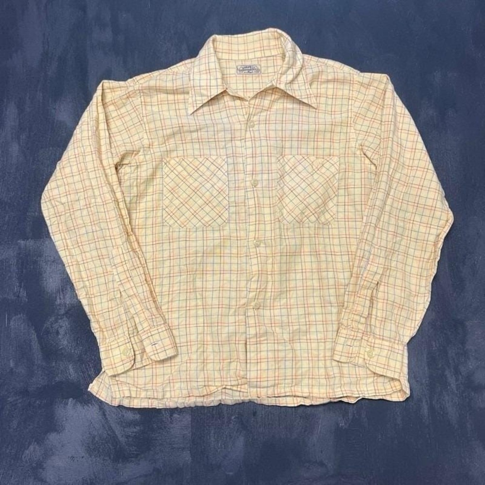 Vintage Shapley Mack Button Up Shirt Mens Medium Yellow 1940s Long Sleeve